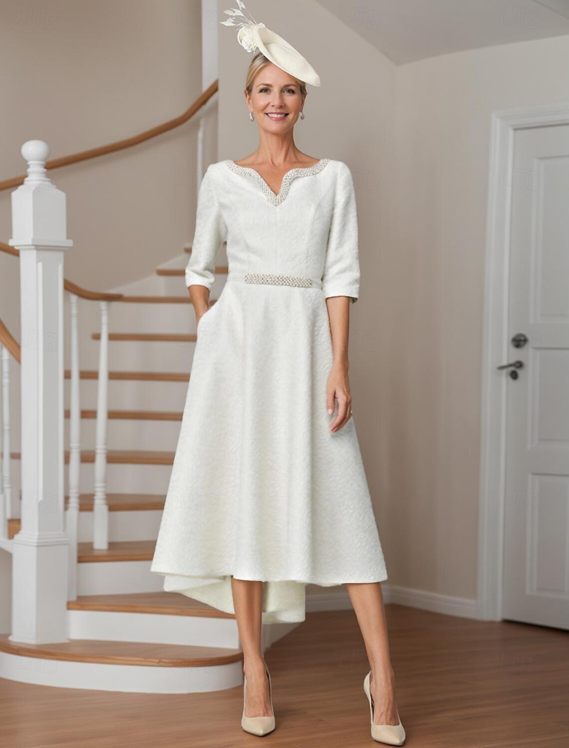 Buyishang A-Line Mother of the Bride Dress Wedding Guest Elegant High Low V Neck Asymmetrical Tea Length Polyester 3/4 Length Sleeve with Pearls free custom size